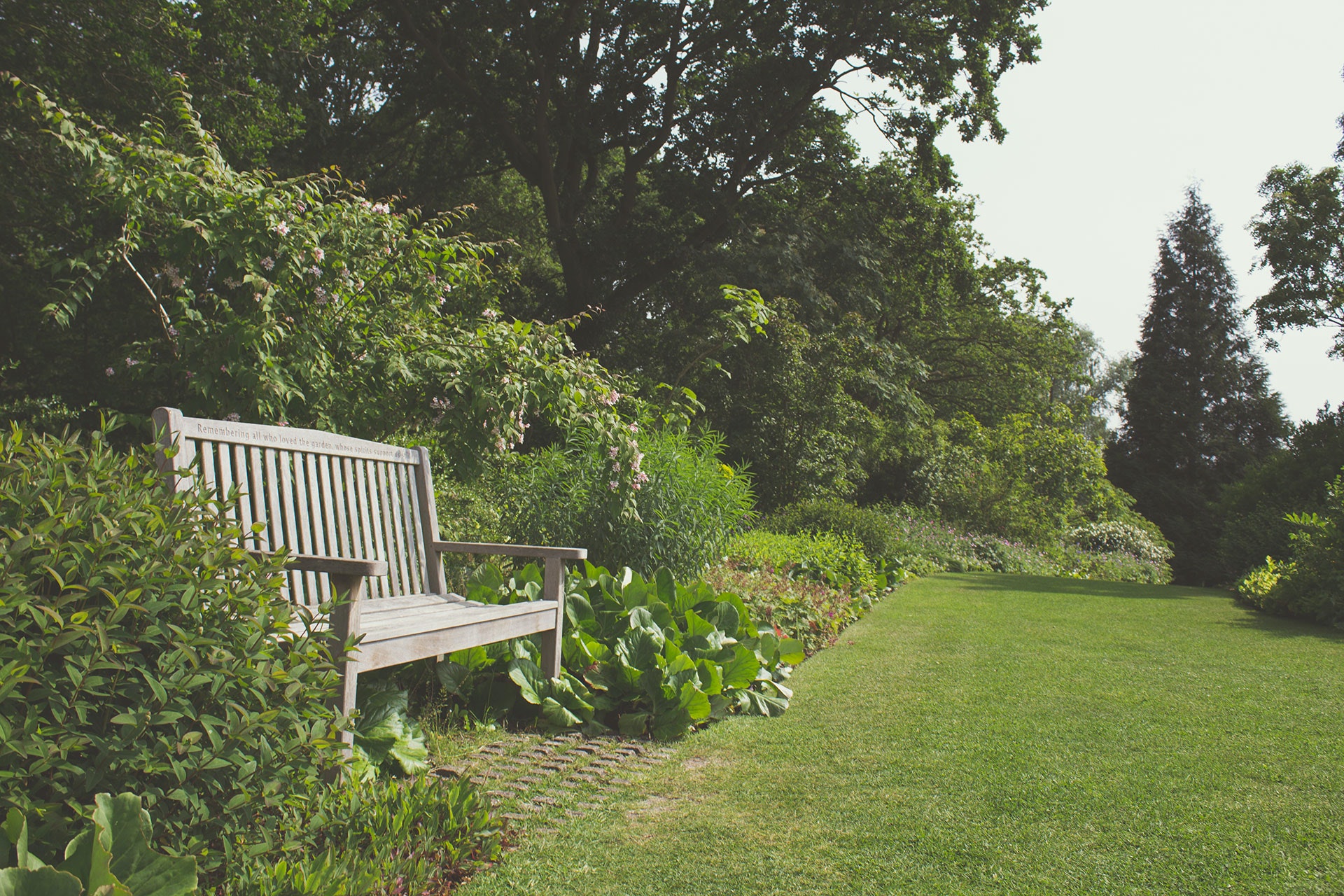 large garden with bench inside border plants